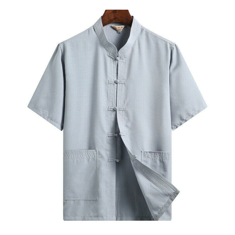 Hommes Chinois Chemise Manches Courtes Hauts Mélange Lin Tai Chi Kung Fu