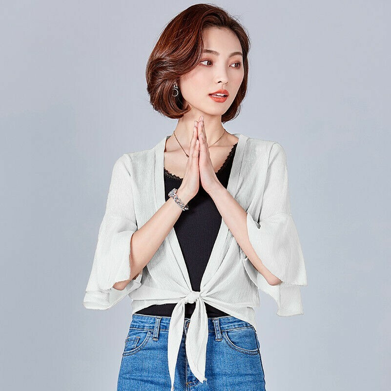 Women Chiffon Ruffle Sheer Cardigan Jacket Coat Top Shiny Flare Sleeve White New