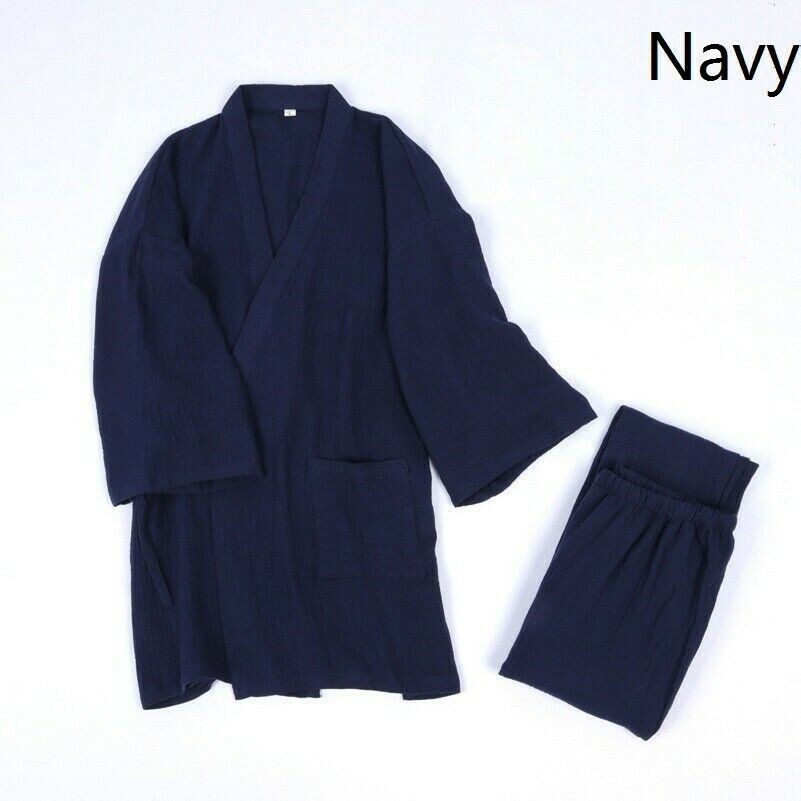 Homme Set Pyjama Coton 3/4 Manche Haut Kimono Costume Pantalon Style Japonais