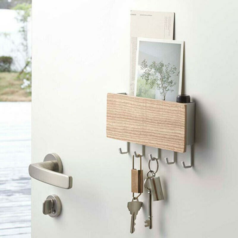 Porte en Bois Cintre Support Mural Crochets Clé Support Rack Agenda Lettre Boite