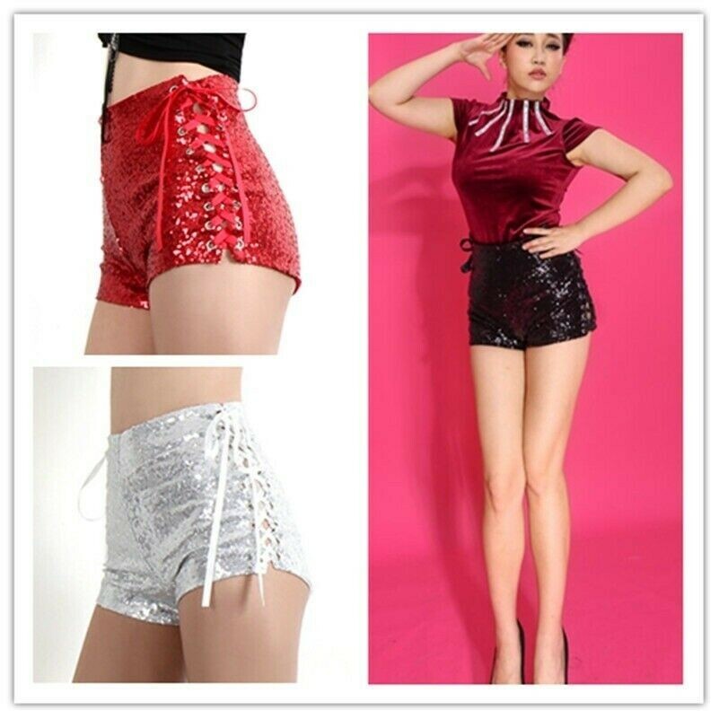 Women Lace Up Sequin Shorts Giltter Hot Pants Mini Clubwear Dance Bandage SHP