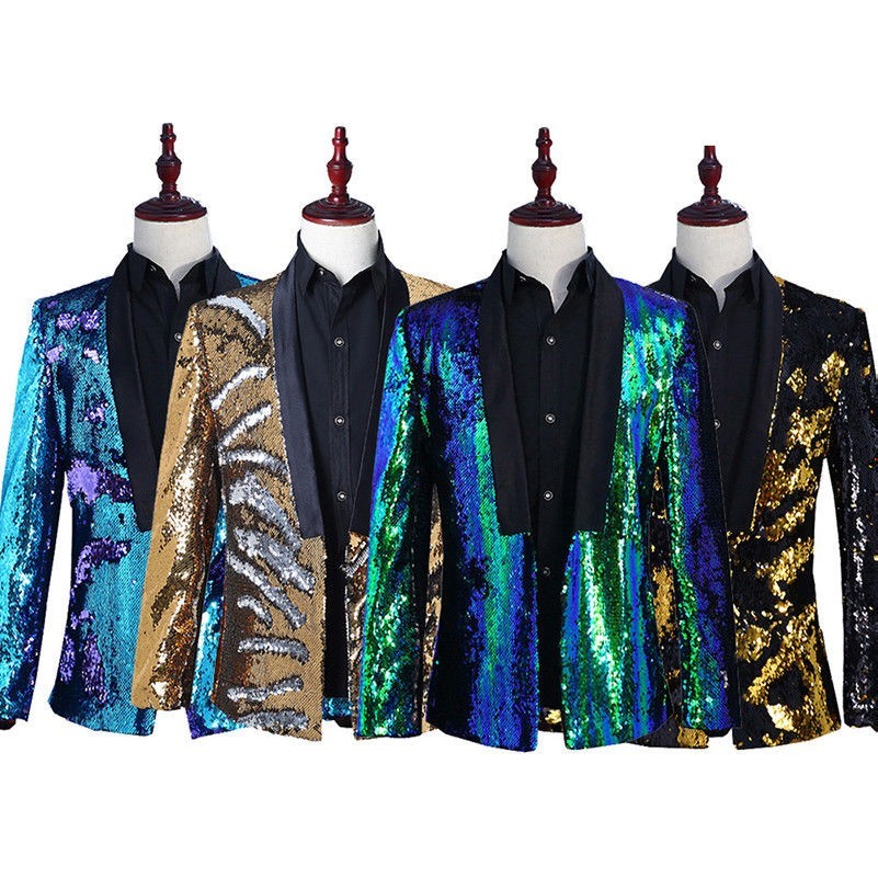 Mens Reversible Two Tone Glitter Sequins Jacket Suit Blazer Fancy Dress Outfit