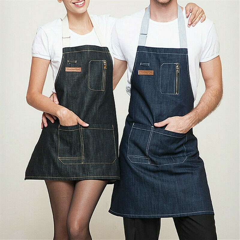 Damen Herren Denim Schürze mit Taschen Küche Café Restaurant bar Arbeit Wear Neu