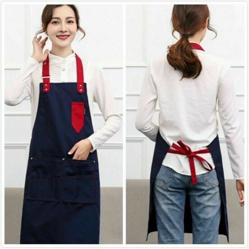 Damen Leinen Schürze Taschen Kaffee Working Schürzen Latz Ärmellos Verstellbar