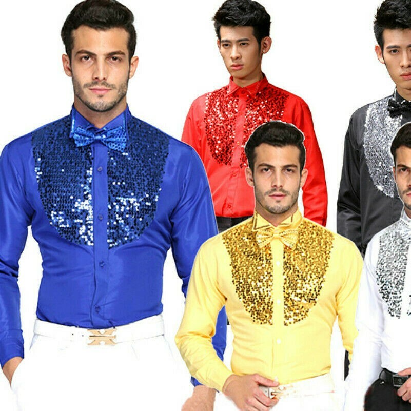 Men Sequin Glitter Shirt Top Shiny Party Dance Show Costume Fancy Dress