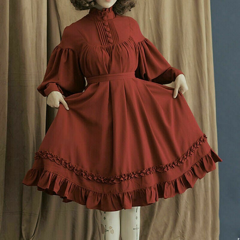 Damen Lolita Kleid Rüschen Lang Puffärmel Prinzessin Gothic Mittelalter Kostüm