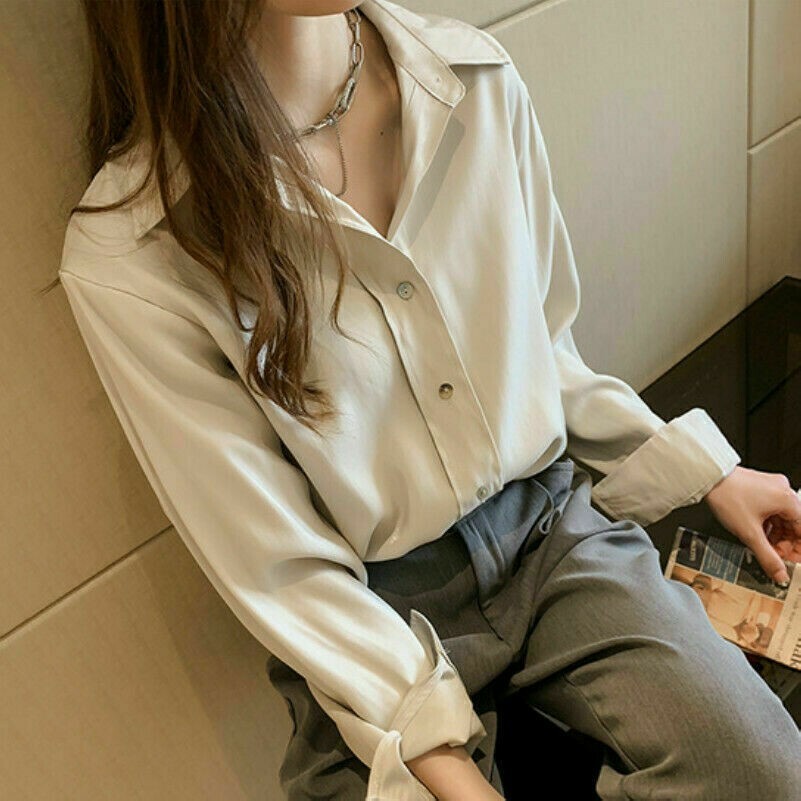 Damen Locker Hemd Bluse Damen Freizeit Arbeit Langärmlig Knöpfe Massiv Top