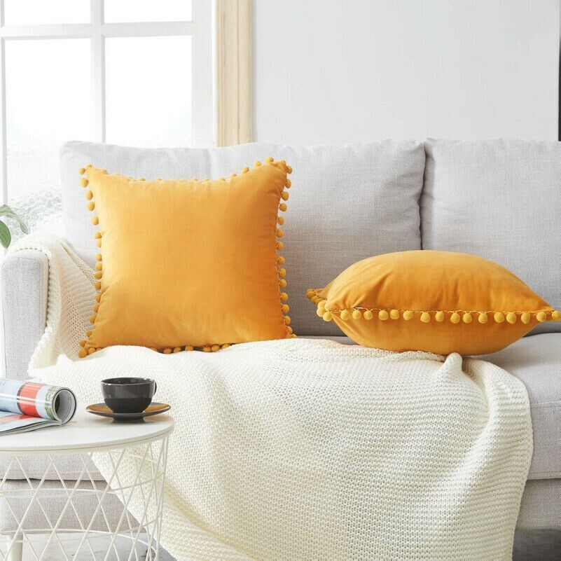 2pcs Copriletto Divano Federa Cover Cuscino Velluto Velour Arredo Casa Pom Pom