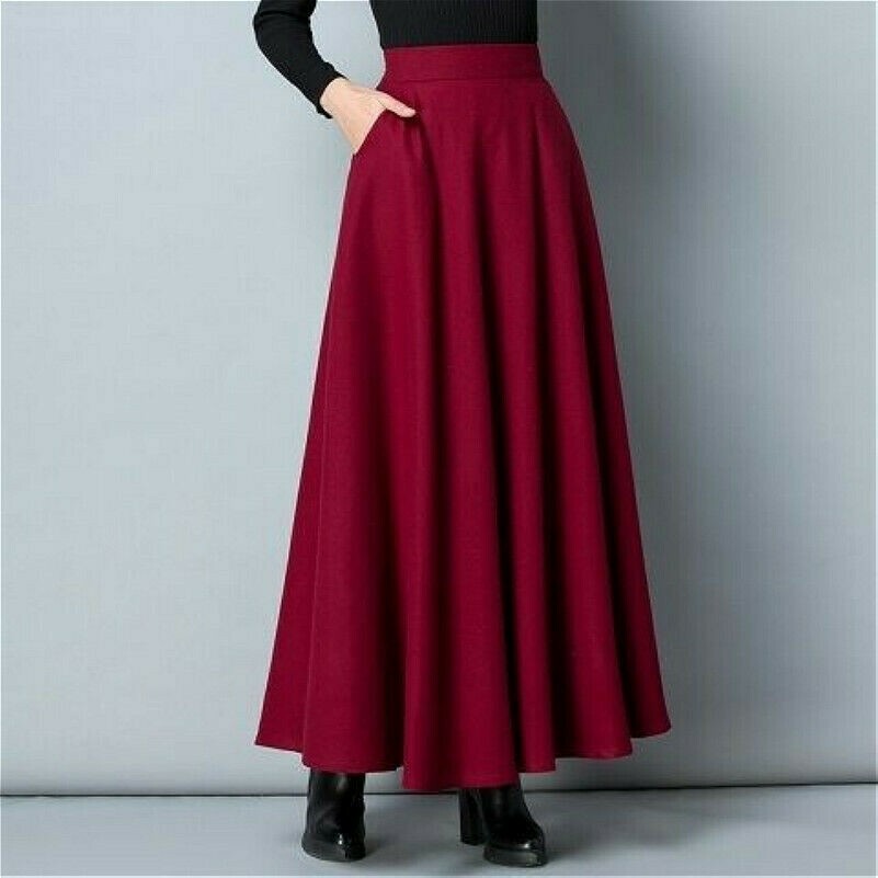 Women Faux Wool Skirts Solid A-line Vintage Warm Half Dress with Pockets New