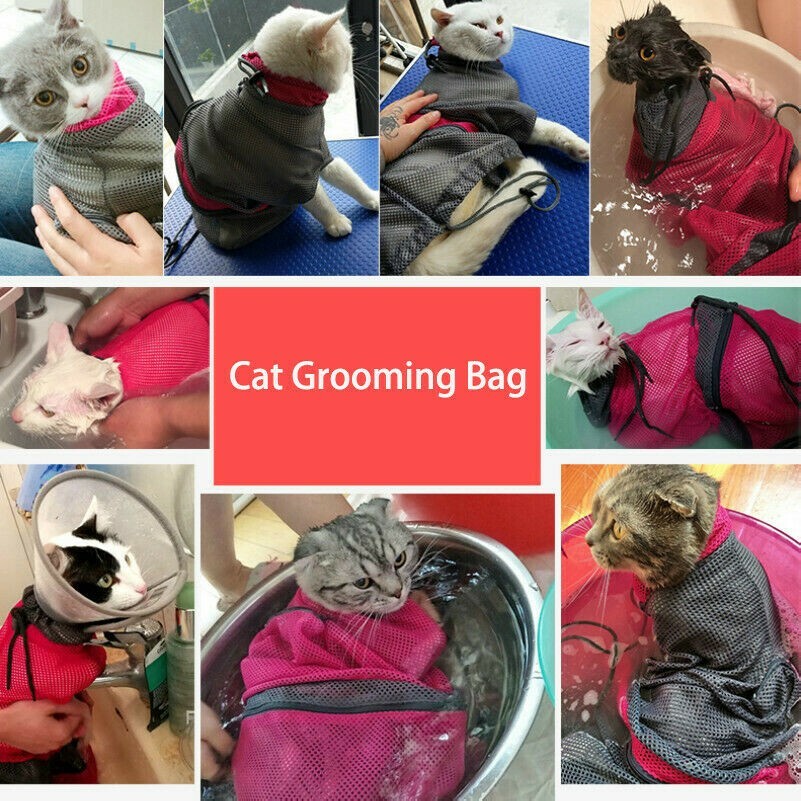 Cat Grooming Bath Bag Mesh Washing Restraint with Adjustable Pet Anti-bite