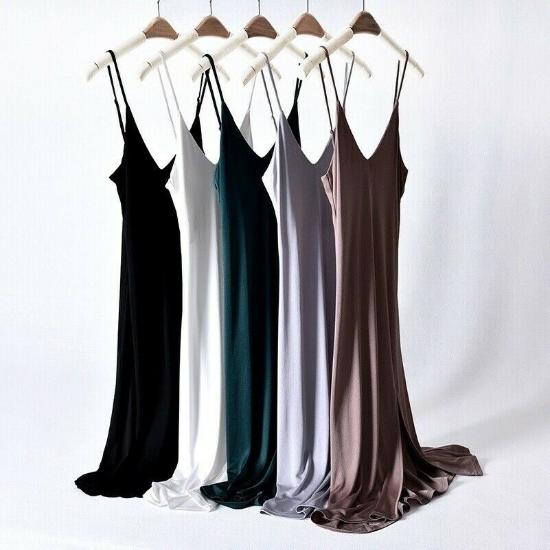 Women Silk Slip Dress Camisole Petticoat Strap Nightdress Slit V Neck Spaghetti