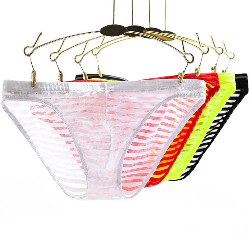 2PCS Men Striped Sheer Thongs Sexy Low Waist Briefs Underwear Underpants Knicker