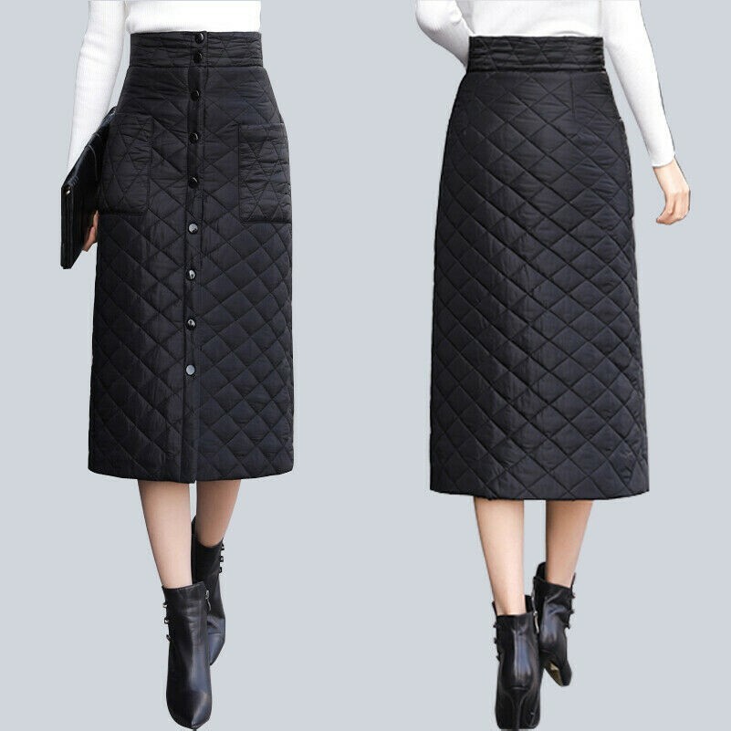 Lady Quilted Padded Skirt Mid-length Bodycon Slim Pocket Buckle Warm Winter Chic