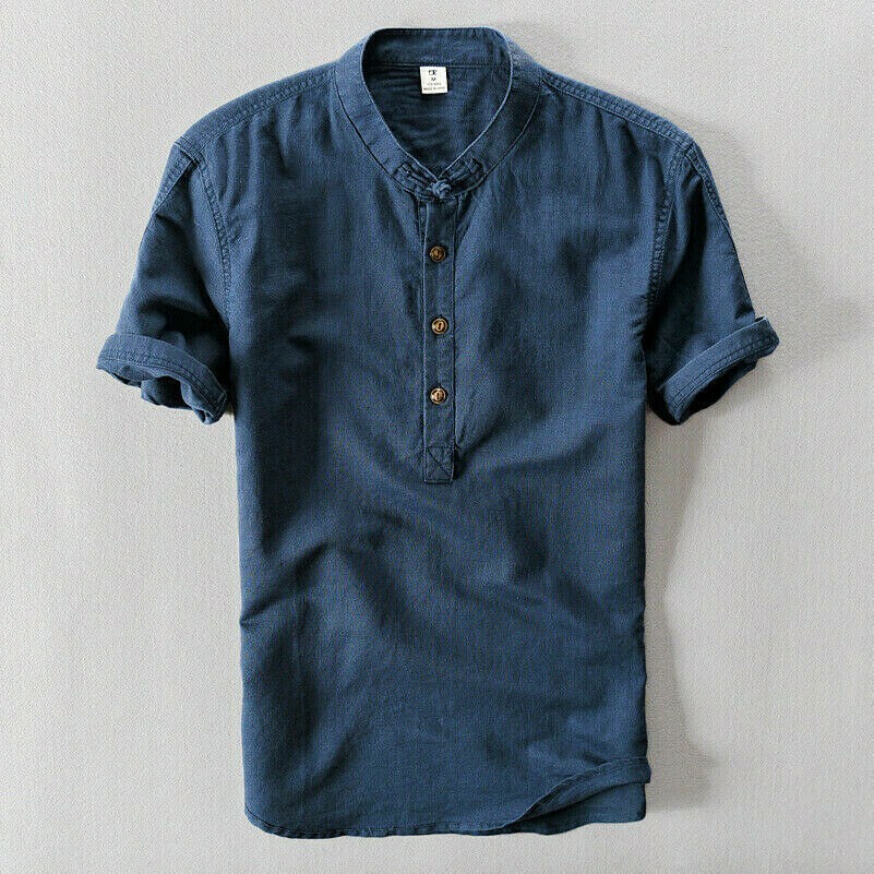 Hommes Lin Manche Courte Henley Cou T-Shirt Mandarine Col Haut T-Shirt