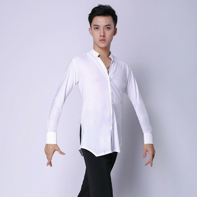 Men Latin Dance Shirt Top Ballroom Modern Salsa Stretch Long Sleeve White