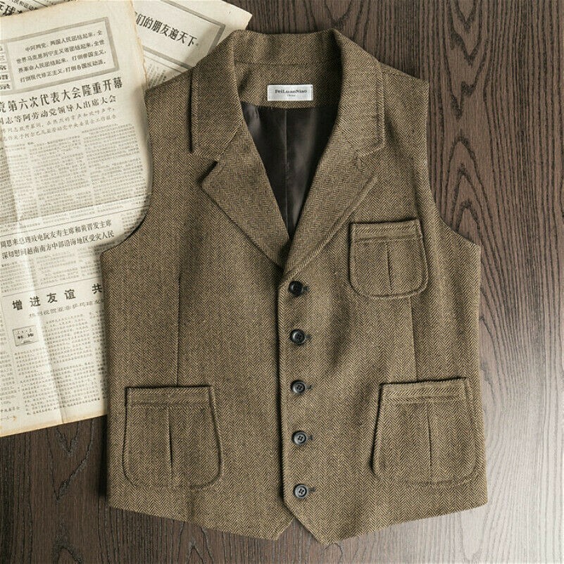 Men Tweed Waistcoat Retro Herringbone Vest Wool Blend Lapel Gilet Suit Top