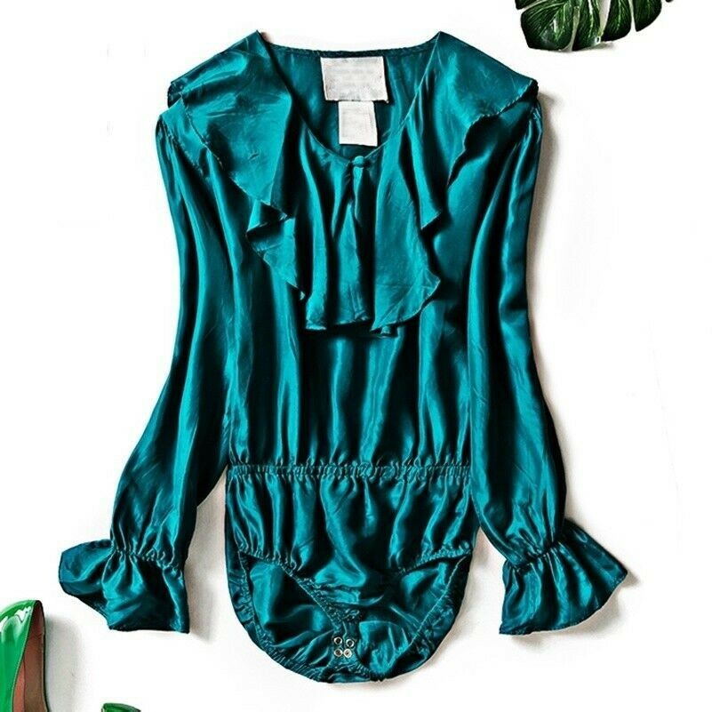 Women Satin Silk Blouse Shirt Bodysuit Jumpsuit Ruffle Frill Collar Long Sleeve