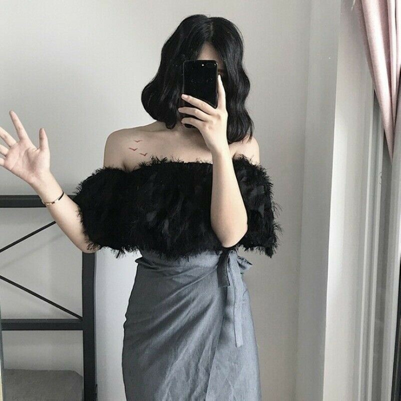 Damen Imitat Federn Chiffon Bluse Schulterfreies Top Freizeit Party Weiß