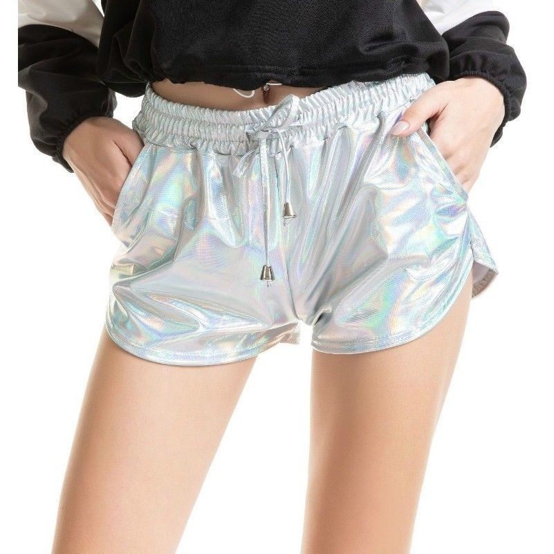 Femme Fille Métallisé Brillant Short Mini Fête Clubbing Pu Taille Élastique