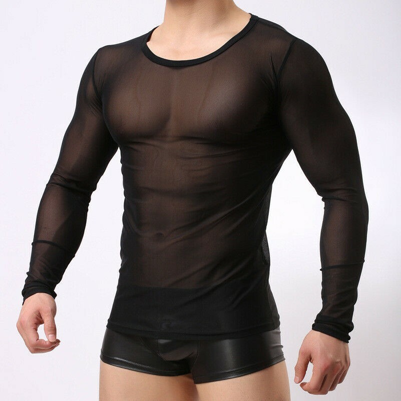 Mens Stretch Mesh Sheer T-shirt See-Through Crew Neck Long Sleeve Top Tee shirt