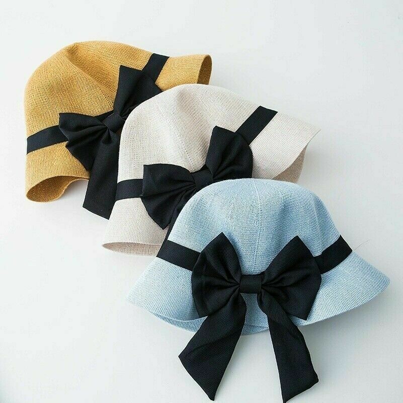 Damen Eimer Hut Stroh Bush Kappe Breite Krempe Retro Bowknot Sommer Sonnenschutz