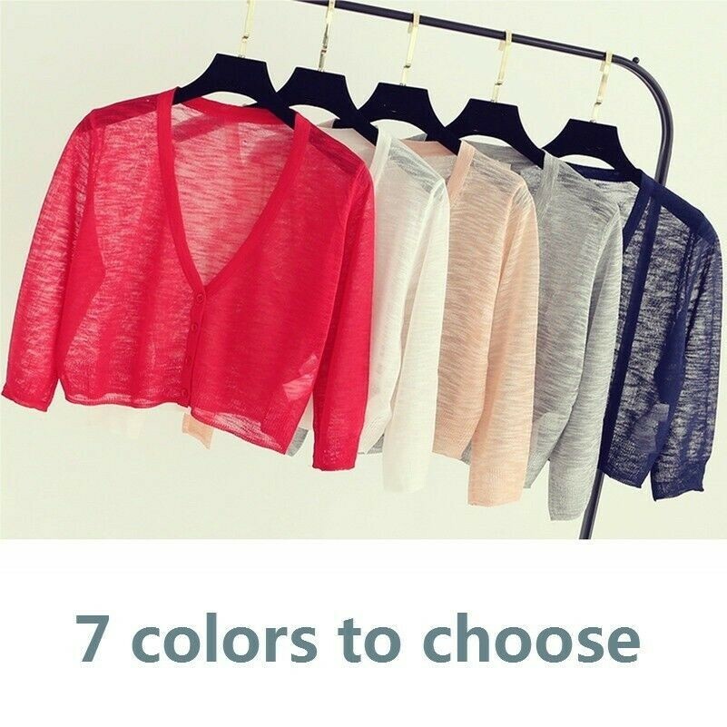 Women Knit Cardigan Sweater Shrug Crop Top Coat 3/4 Sleeve Button Down Sheer