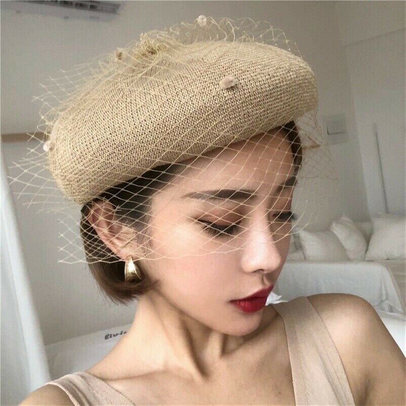 Women Mesh Beret Beanie Hat Ski Cap French Artist Pom Vintage Casual