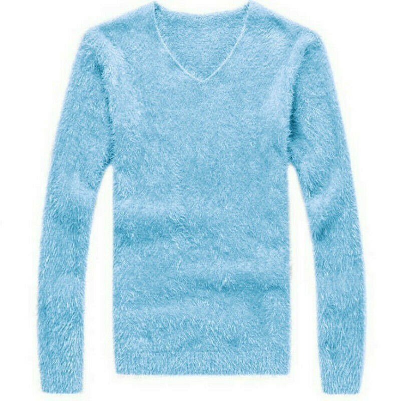 Men's Faux Mohair Sweater Jumper Pullover Tops V Neck Fluffy Knitwear Winter