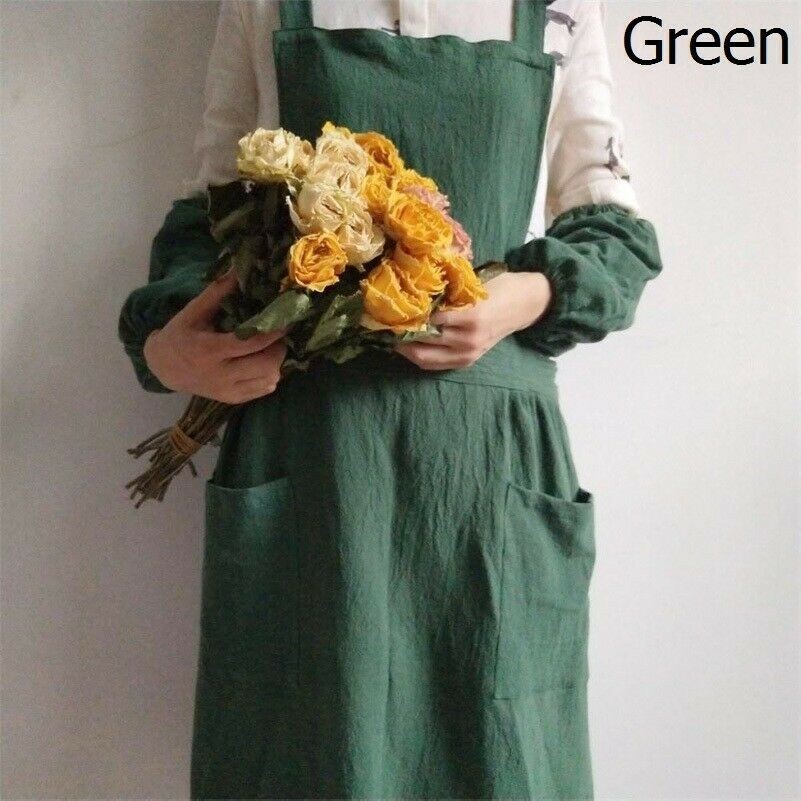 Lady Girl Cotton Linen Apron Ruffle Pocket Solid Workwear Waitress Florist Solid