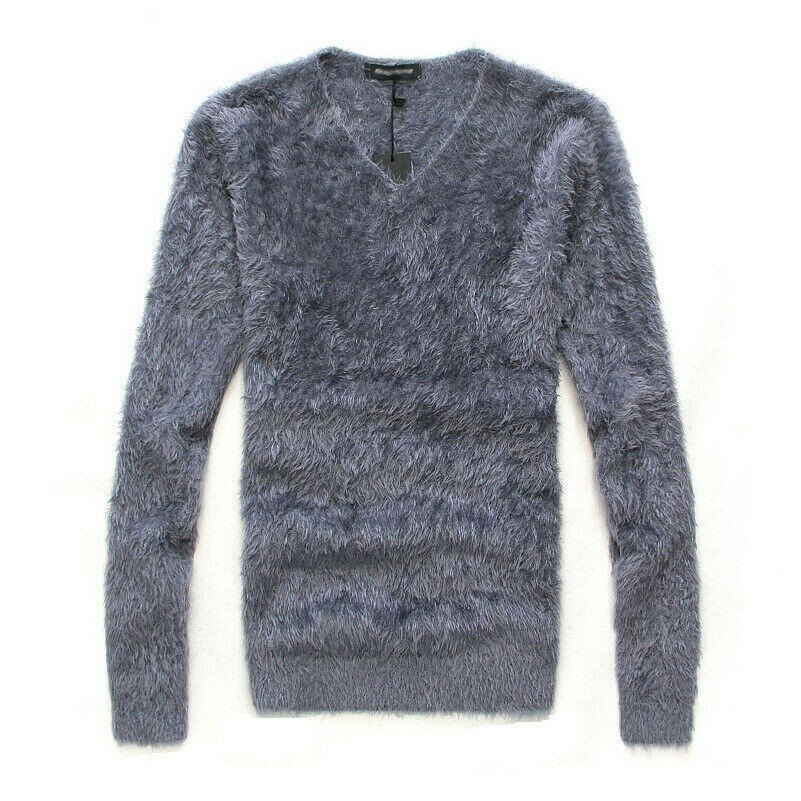 Men's Faux Mohair Sweater Jumper Pullover Tops V Neck Fluffy Knitwear Winter SPW