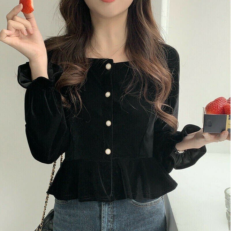 Women Velvet Blouse Shirt Tops Ruffle Casual Vintage Lolita Gothic Black Fashion