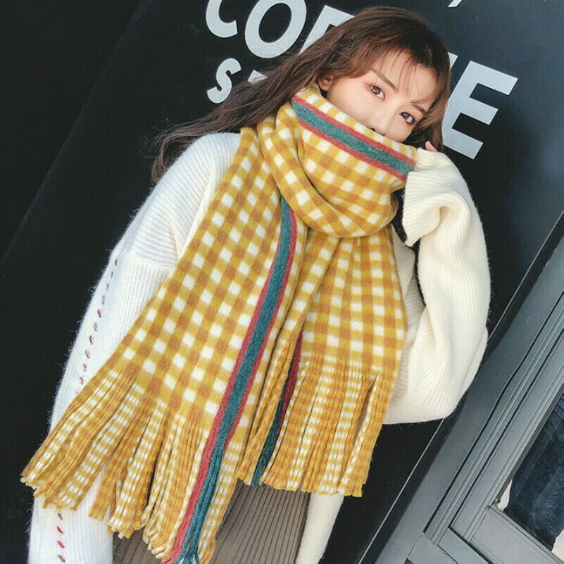 Women Faux Cashmere Scarf Japanese Shawl Wrap Striped Check Plaid Tassel