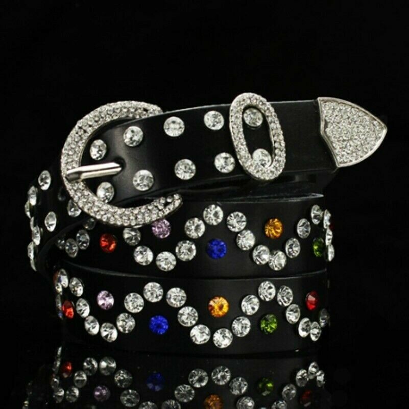 Damen Original Ledergürtel Mehrfarbig Kristall Glitzer Bling Hüftgurt Band
