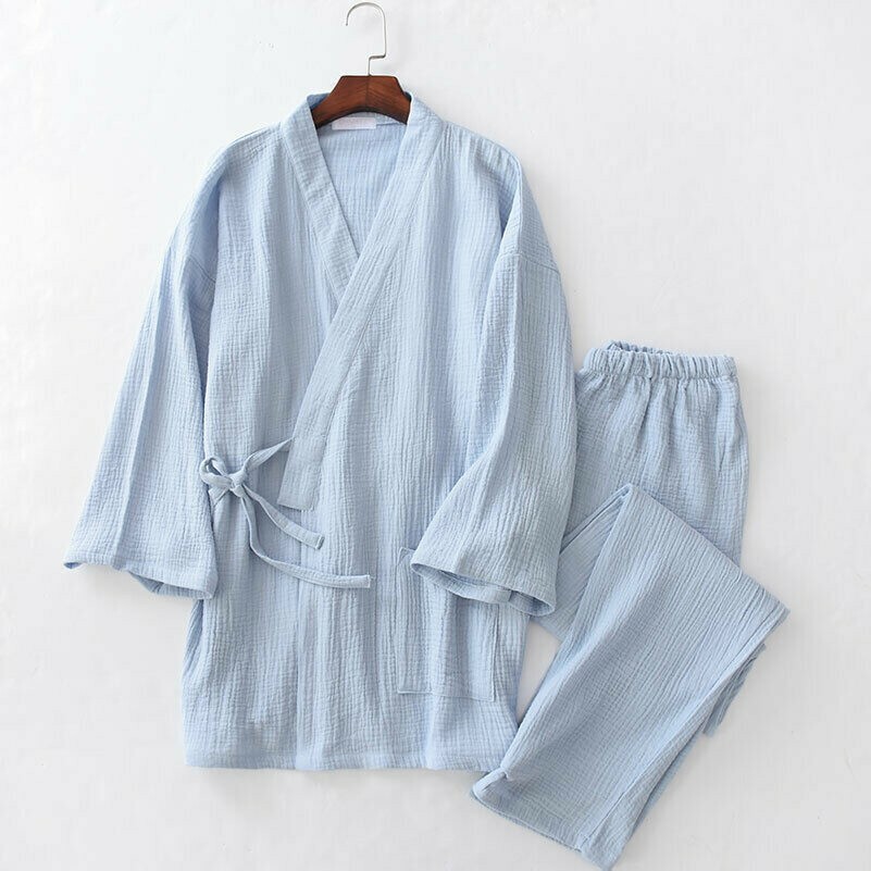 Men Solid Pajamas Set Cotton V-neck Kimono Loose Casual Nightwear Sleepwear SPW