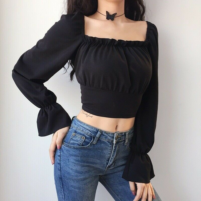 Women Lace Up Crop Top Square Collar Shirt Gothic Lantern Sleeve Bodycon