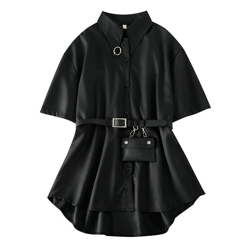 Women Gothic Shirt Blouse Dress Top Loose Punk Metal Chain Ring Belt Pocket