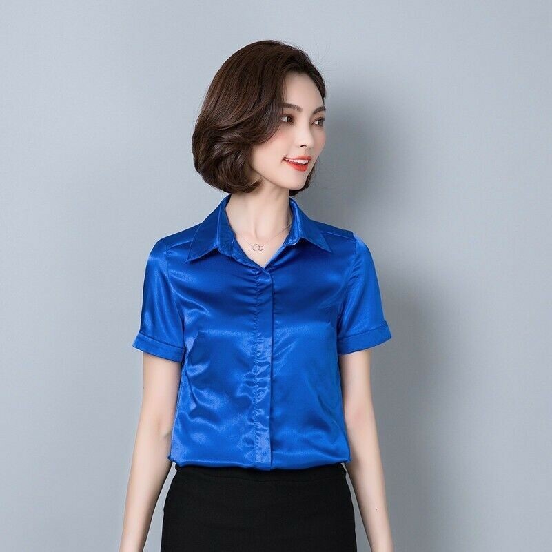 Women Faux Silk T Shirts Satin Tops Short Sleeve Blouse Shiny Glitter Tee New