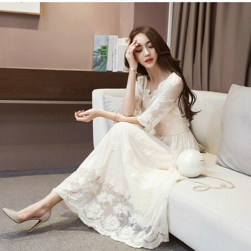 Women Lace Midi Dress Mesh Ruffle Floral Square Collar Evening Retro Fairy