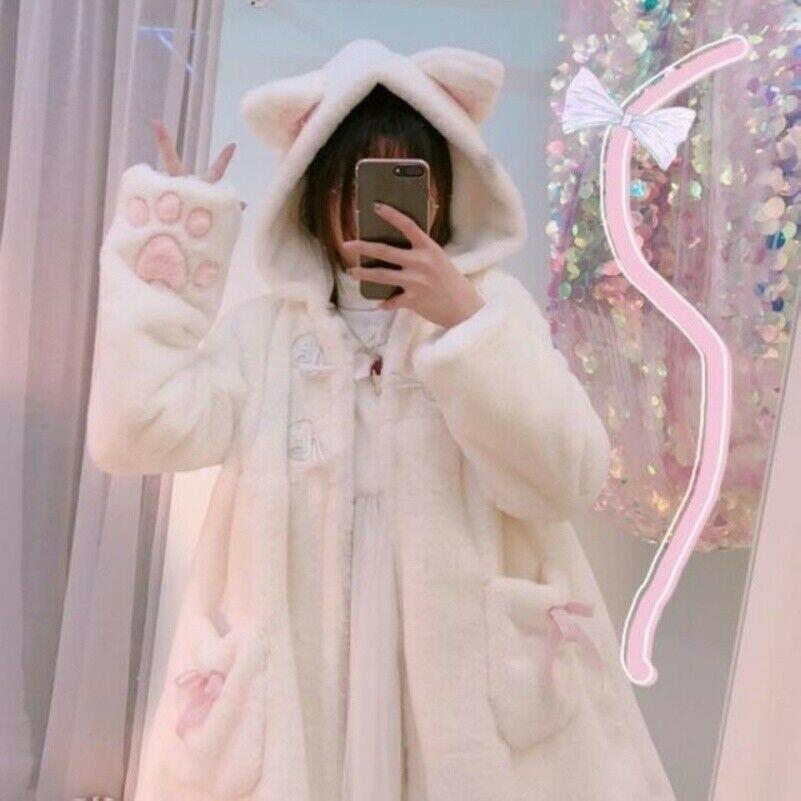 Lady Girls Lolita Hooded Coat Jackets Faux Fur Cat Ear Kawaii Sweat Winter Sleep