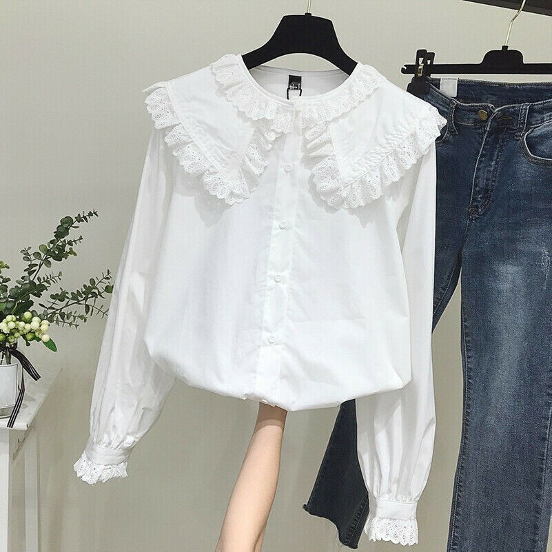 Blusa In Pizzo Da Donna Con Collo Peter Pan Top Ruffle Frill Larga Lolita Retro