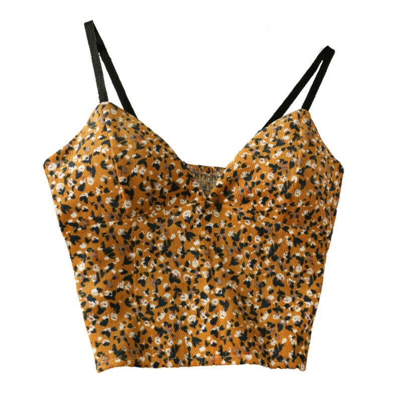 Femme Floral Velours Gilet Col V Élastique Court Débardeur Haut Caraco Sexy