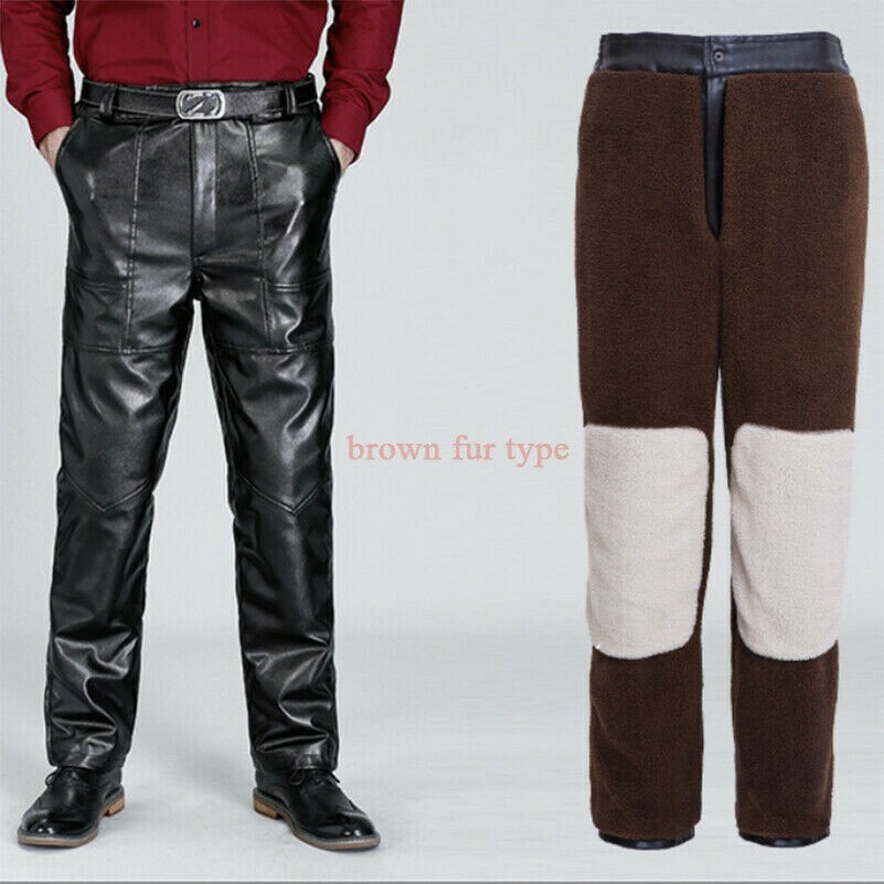 Winter Warm Herren Leder Hose PU Hose Verdickt Pelz Futter Freizeit Schwarz
