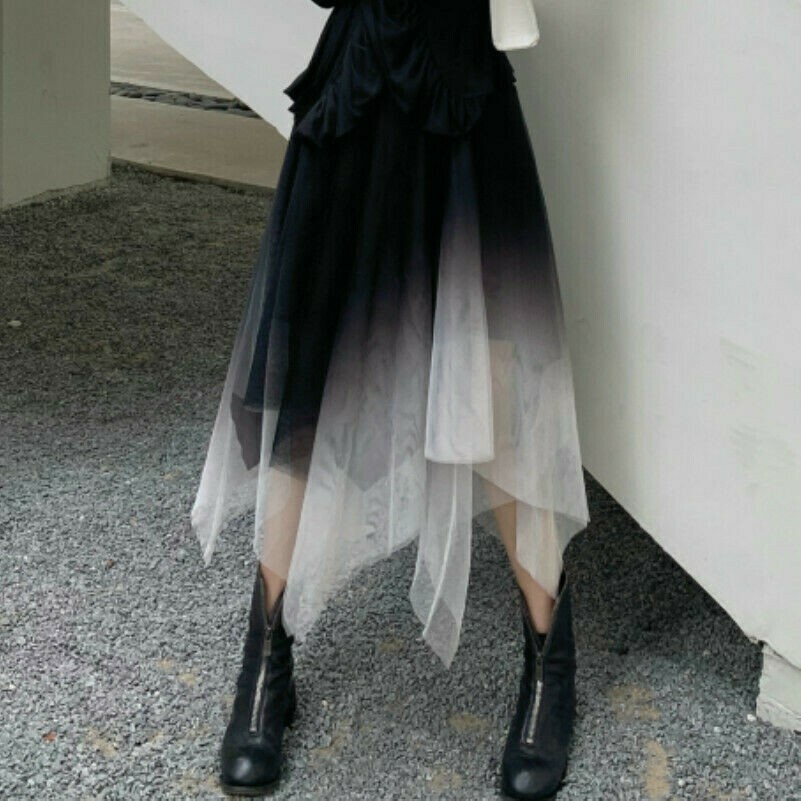 Damen Unregelmäßig Netz Rock Farbverlauf Lagig Flauschig Gummibund Tutu Gothic