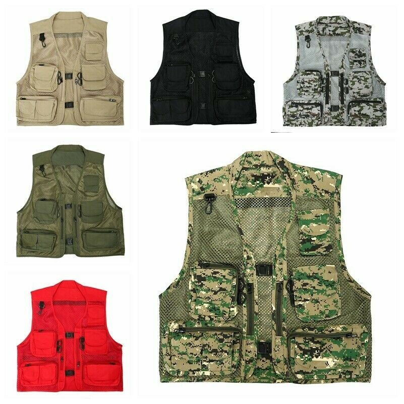 Men Camouflage Mesh Net Waistcoat Vest Multi Pockets Zipper Fishing Outdoor Tops