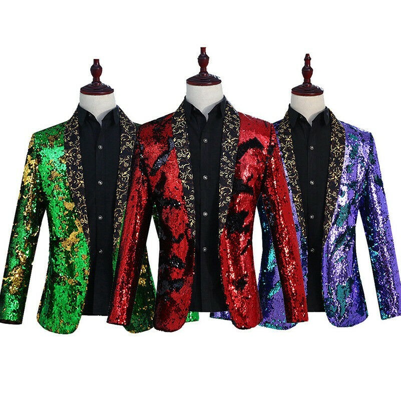 Herren Wendbar Zweiton Glitzer Pailletten Anzug Jacke Blazer Bühne Kostüm Top