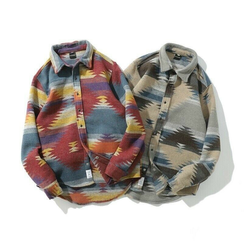 Men Brushed Shirt Coat Striped Tops Vintage Casual Ethnic Winter Lumberjack