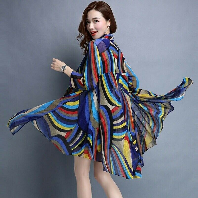 Damen Chiffon Lang Kimono Jacke Strickjacke Locker Mehrfarbig Oberbekleidung