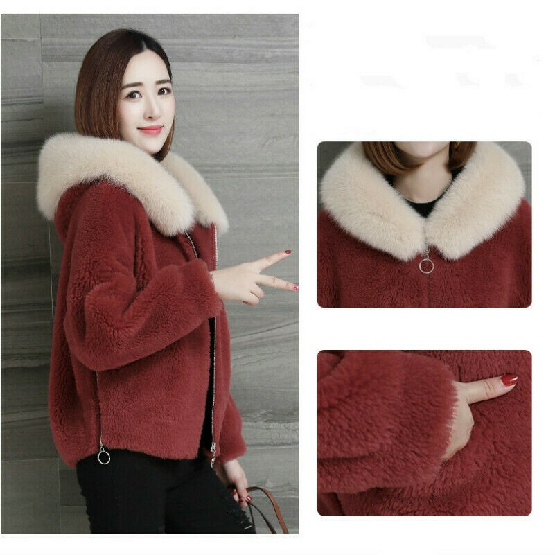 Lady Fleece Coat Jacket Fluffy Faux Fur Collar Hooded Parka Winter Outerwear SPW