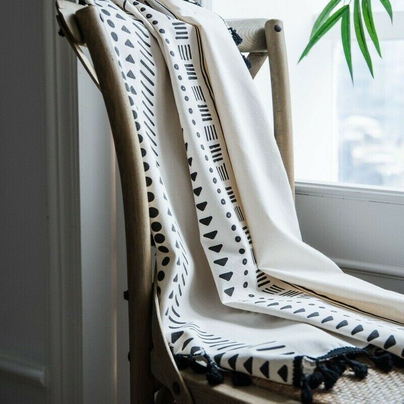 Window Rod Pocket Print Curtains Blackout Tassels Cotton Linen Home Decor