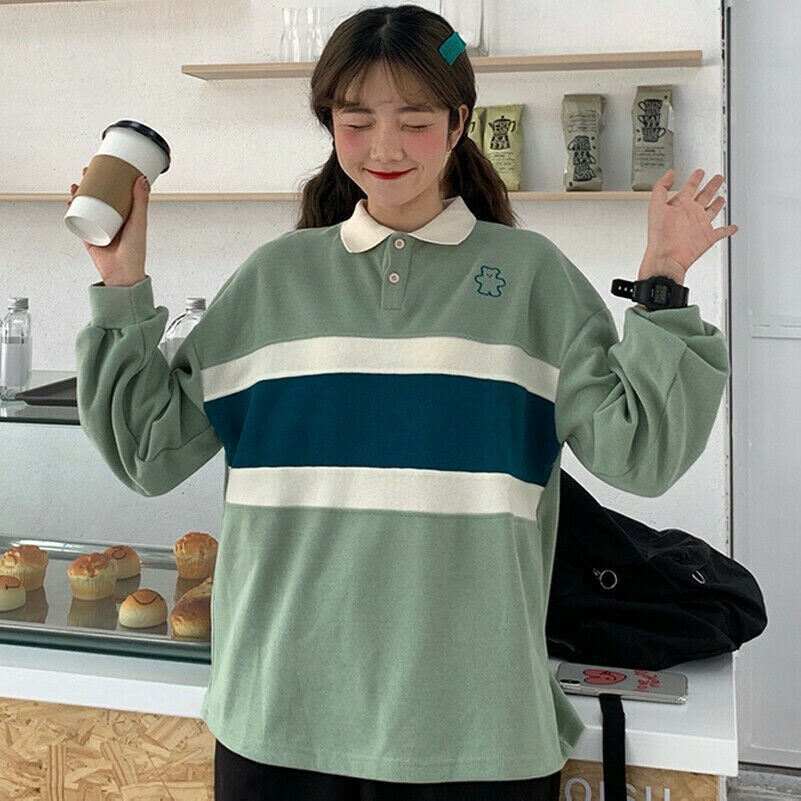 Women Girl Polo Shirt Sweatshirt Pullover Top Cute Bear Kawaii Loose Preppy